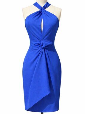 💋 Stunning Cobalt Blue Halter Cocktail Dress | Elegant Crepe | Size 6 | Formal